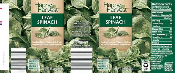 Voluntary Recall Notice of Happy Harvest Canned Spinach Due to Potential Undeclared Peanut Allergen from Product Mislabeling